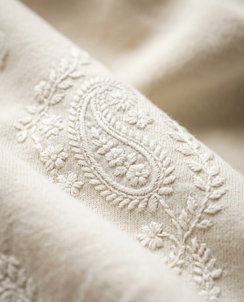 Bel Buti Tee in Bone, fabric detail. Nawaweeb Awadh clan